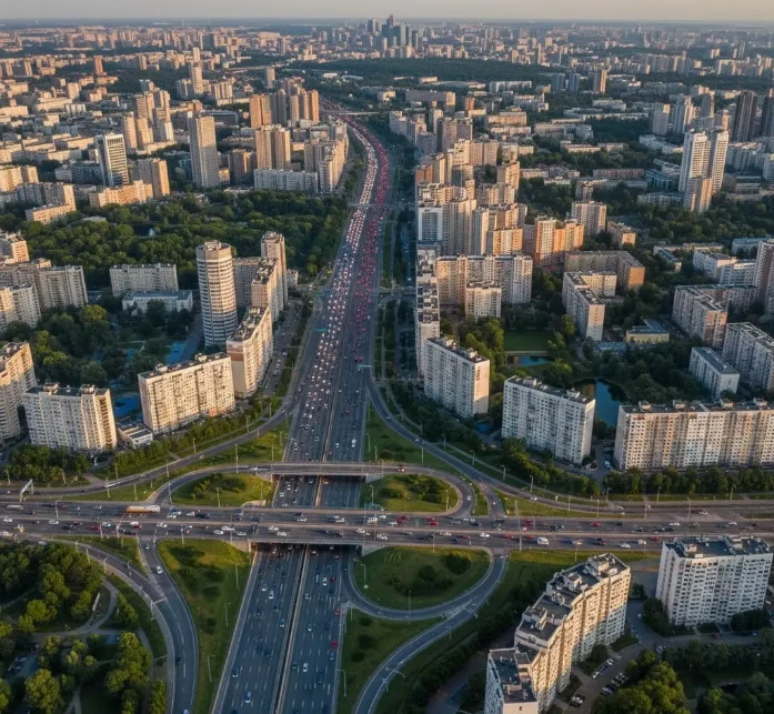 Переезд из Москвы в Подмосковье Плотный поток машин на на дорогах Москвы
